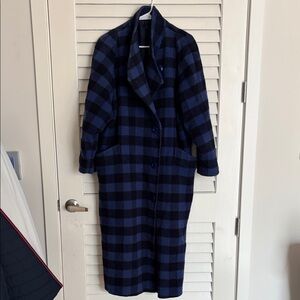 Blue and Black Buffalo Check Vintage Women’s Long Wool Coat